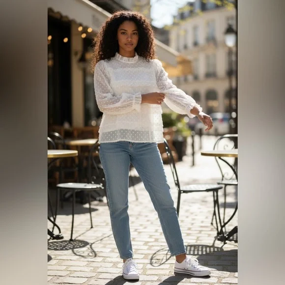 Express Women’s Sheer Dot Ruffle Blouse, Size Small Petite (SP) - Picture 5 of 16